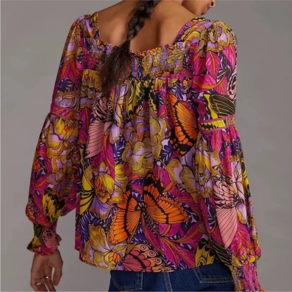 ANTHROPOLOGIE Alexandra Farmer Puff Sleeved Blouse Smocked Pullover‎ Top XS - Picture 4 of 13